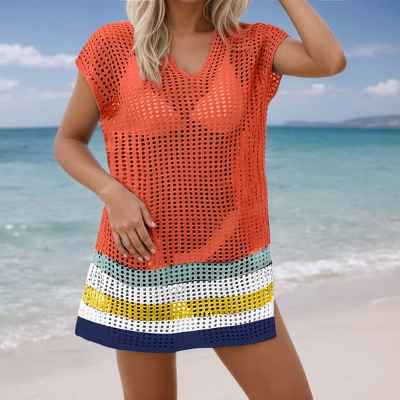 Women's Cover Up Beach Cover Up Women Summer Crochet Swimwear Cover Up V Neck Boho Rainbow Trim Lace Mesh Kimono Sheer Bikini Wrap
