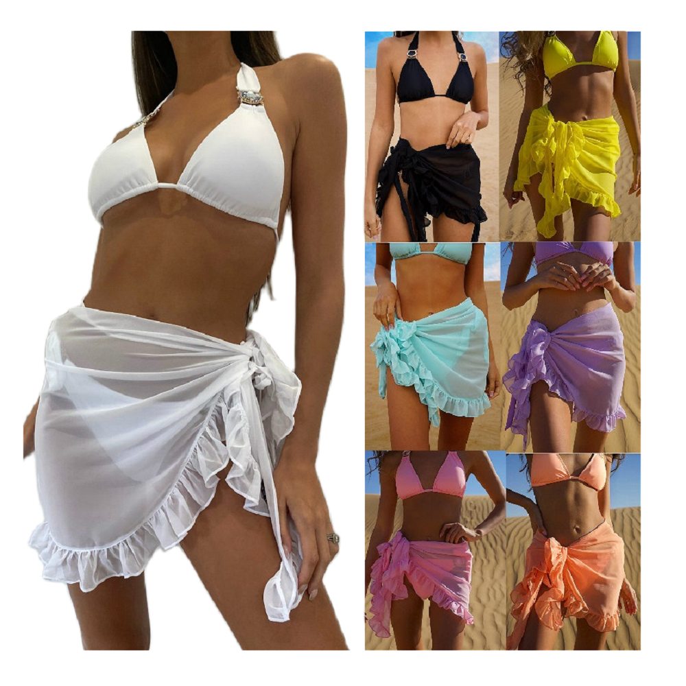 Women's Summer Ruffles Sarong Coverups Bathing Suit Sheer Wrap Swimsuit  Skirt Beach Bikini Cover Up Swimwear