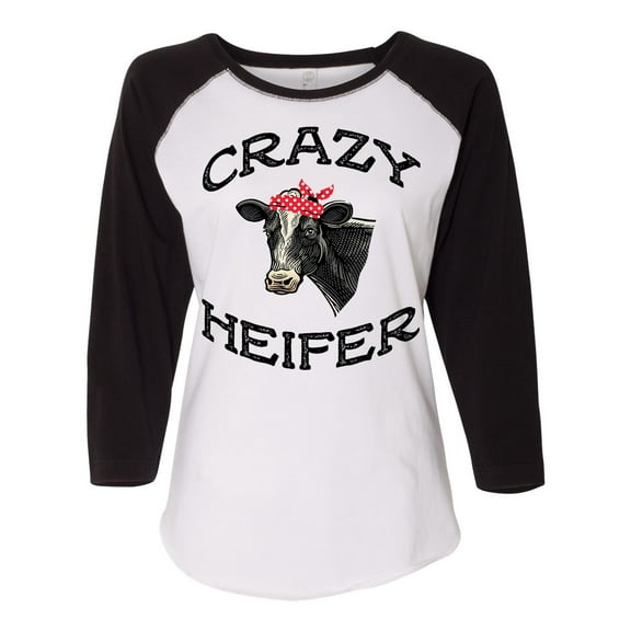 Women's Cow Bandana Crazy Heifer Ladies Fit Raglan Short Sleeve T-shirt-Black/White-large