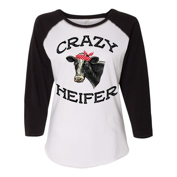 Women's Cow Bandana Crazy Heifer Ladies Fit Raglan Short Sleeve T-shirt-Black/White-small