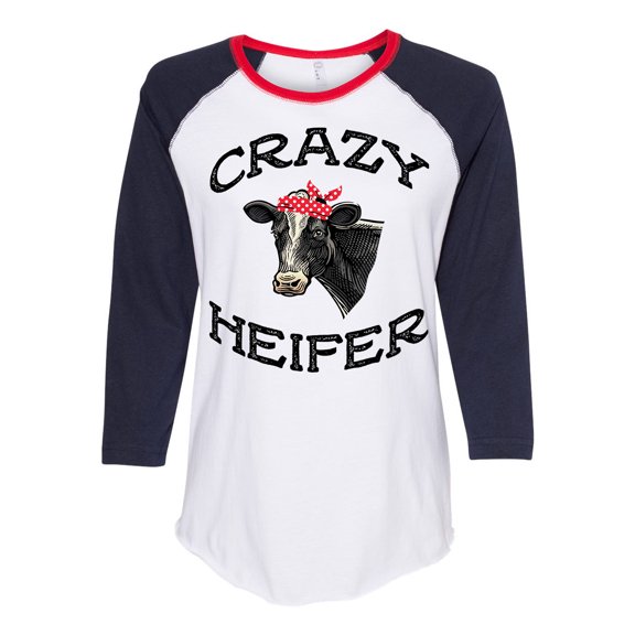Women's Cow Bandana Crazy Heifer Ladies Fit Raglan Short Sleeve T-shirt-Navy/Red/White-large