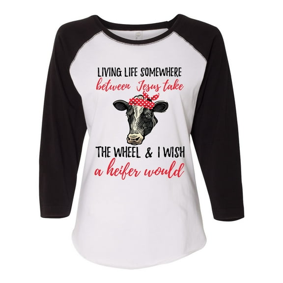Women's Cow Bandana Jesus Take the Wheel Heifer Ladies Fit Raglan Short Sleeve T-shirt-Black/White-medium