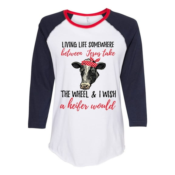 Women's Cow Bandana Jesus Take the Wheel Heifer Ladies Fit Raglan Short Sleeve T-shirt-Navy/Red/White-medium