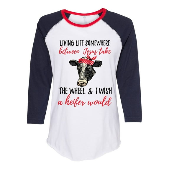 Women's Cow Bandana Jesus Take the Wheel Heifer Ladies Fit Raglan Short Sleeve T-shirt-Navy/Red/White-xxl