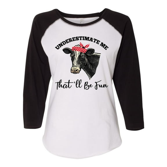 Women's Cow Bandana Underestimate Me Ladies Fit Raglan Short Sleeve T-shirt-Black/White-xxl