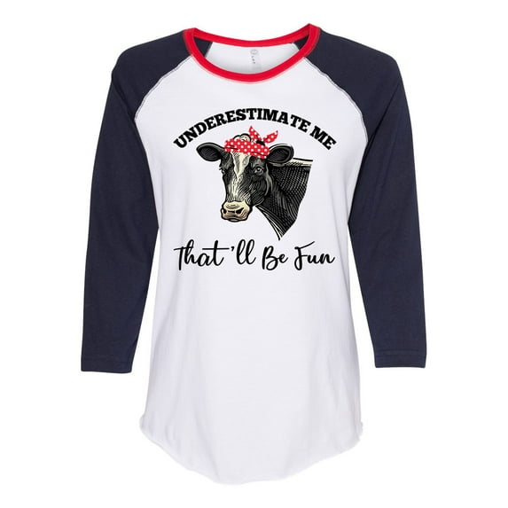 Women's Cow Bandana Underestimate Me Ladies Fit Raglan Short Sleeve T-shirt-Navy/Red/White-large