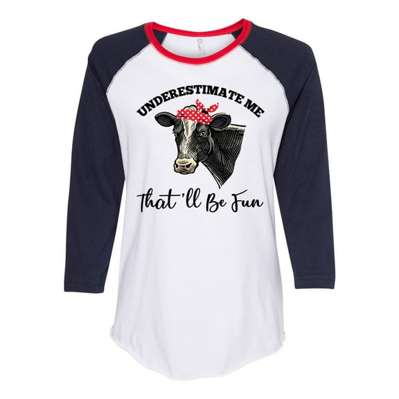 Women's Cow Bandana Underestimate Me Ladies Fit Raglan Short Sleeve T-shirt-Navy/Red/White-xl
