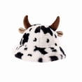 thumbnail image 1 of Women's Cow Print Bucket Hat with Novelty Horns Winter Warm Faux Fur Thick Packable Lightweight Outdoor Travel Fisherman Hat, 1 of 1
