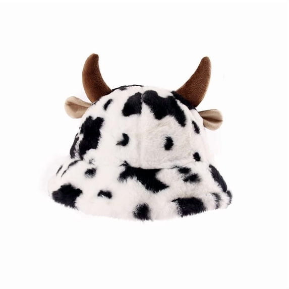 Women's Cow Print Bucket Hat with Novelty Horns Winter Warm Faux Fur Thick Packable Lightweight Outdoor Travel Fisherman Hat