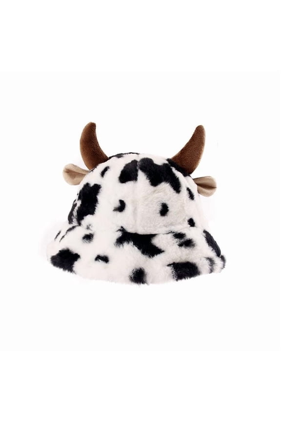 Women's Cow Print Bucket Hat with Novelty Horns Winter Warm Faux Fur Thick Packable Lightweight Outdoor Travel Fisherman Hat