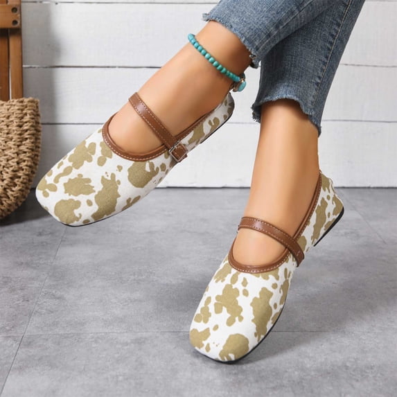 Women's Cow Print Flats, Casual Mary Jane Flat Shoes with Buckle, Comfortable Soft Sole Footwear for Daily Wear, Errands and Weekend Outings