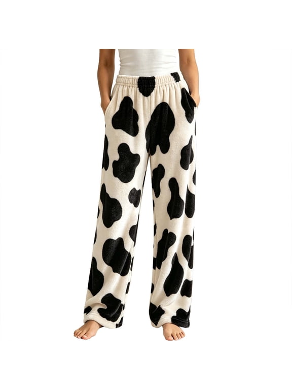 Women's Cow Print Fleece Pants Stretchy High Waist Wide Leg Sleep Bottoms with Side Pockets Warm Cozy Indoor Loungewear