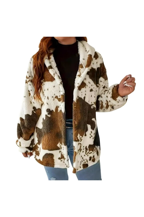 Women's Cow Print Fuzzy Fleece Jacket Hooded Warm Sherpa Coats Faux Fur Casual Winter Plush Outerwear with Pockets
