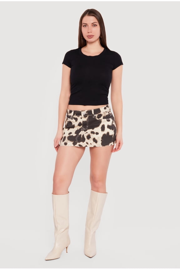 Women's Cow Print Raw Hem Mini Skirt