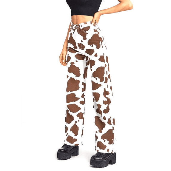 Women's Cow Printed Denim Pants High Waist Straight Leg Vintage Trousers Y2K Tie Dyed Loose Pant