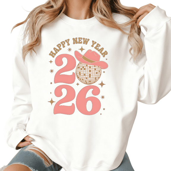 Women's Cowboy 2026 Happy New Year Graphic Breathable Sweatshirt Casual Top Round-neck long-sleeved white S-3XL