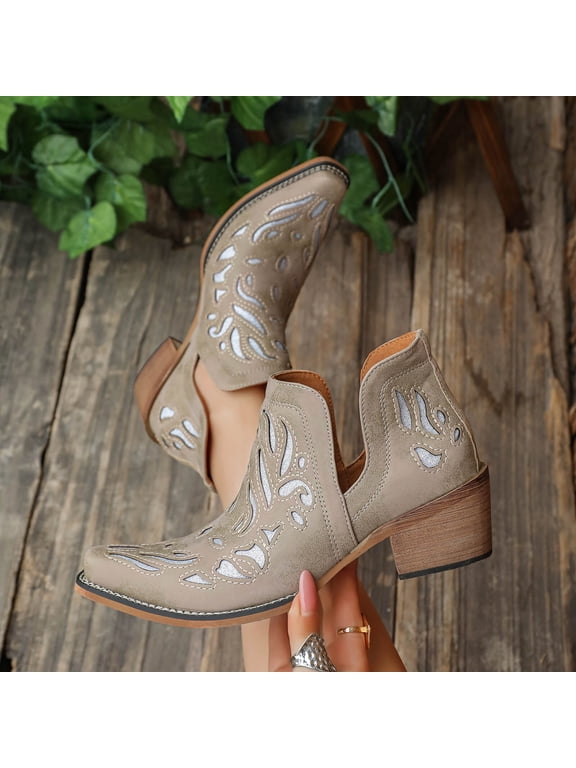 Women's Cowboy Boots British Style Hollow Out Cutout Mid Block Heel Ankle Boots Soft Breathable Boho Western for Indoor Outdoor Daily Walk Concert Camping