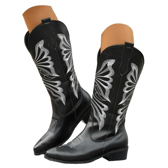 Women's Cowboy Boots Embroidered Mid Calf Cowgirl Western Booties Chunky Heel Pull on Country Dress Riding Knee High Boots