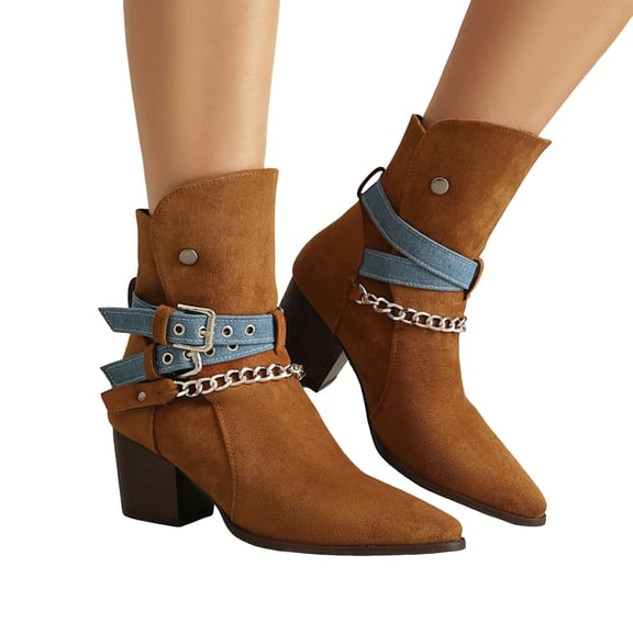 Women's Cowboy Boots Gothic Punk Chain Buckle Denim Belt Suede Pointed Toe Wide Mid Calf Cowgirl Riding Boots