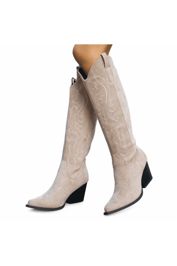 Women's Cowboy Boots, Knee High Western Embroidered Pointed Toe Chunky Heel Cowgirl Boots