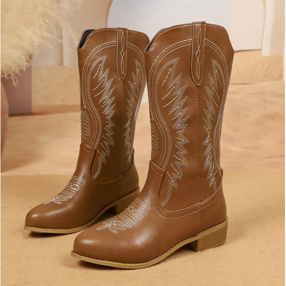 Women's Cowboy Boots Mid Calf Cowgirl Boots Square Toe Chunky Heel Embroidery Stitched Western Boots
