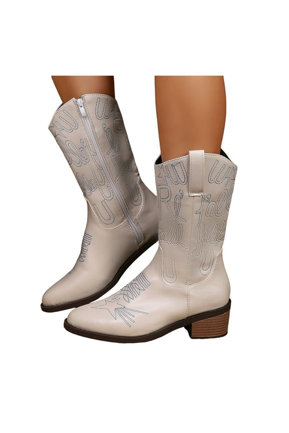 Women's Cowboy Cowgirl Western Ankle Boots Low Chunky Heels Short Booties Ladies Leather Classic Dress Work Shoes