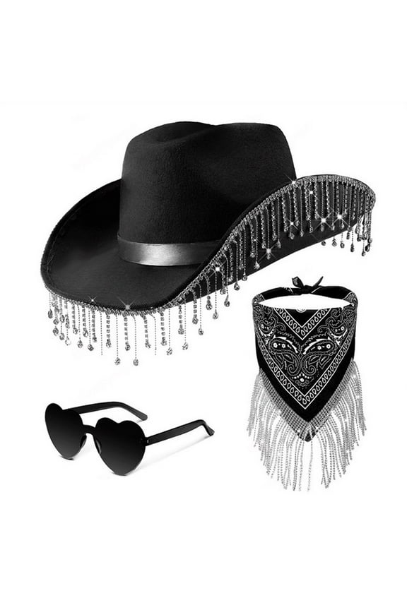 Women's Cowboy Hat Set with Heart Sunglasses and Tassel Scarf, Three Piece Bohemian Music Festival Accessories, Bridal Hen Party Hat Set for Wedding, Halloween, and Pool Party - Black