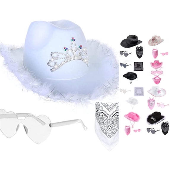 Women's Cowboy Hat Set with Bandana and Heart Glasses - Cowgirl Costume Hat for Teen Girls Party Dress Up