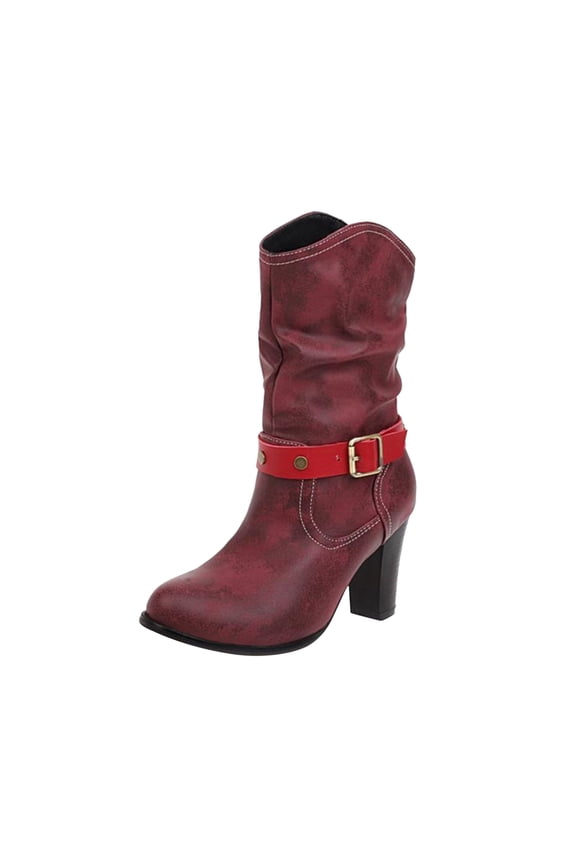Women's Cowgirl Cowboy Boots Buckle Fashion Ladies Suede Ankle Boots Slip-on Fur Lined Snow Shoes Winter Warm Motorcycle Boots Boot US Size 4 5 6 7 8 9