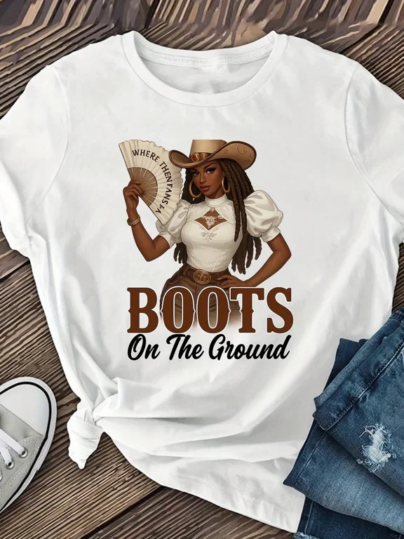 Women's Cowgirl Fan Art _Boots On The Ground_ Graphic T-Shirt -100% Short Sleeve Round Neck Casual Tee With Western Design, Breathable & Comfortable, Machine Washable, Perfect Gift