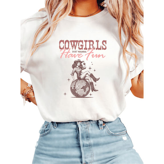Women's "Cowgirls Just Wanna Have Fun" Retro Western Graphic Breathable T-Shirt Short Sleeve Round Neck Top White S-5XL