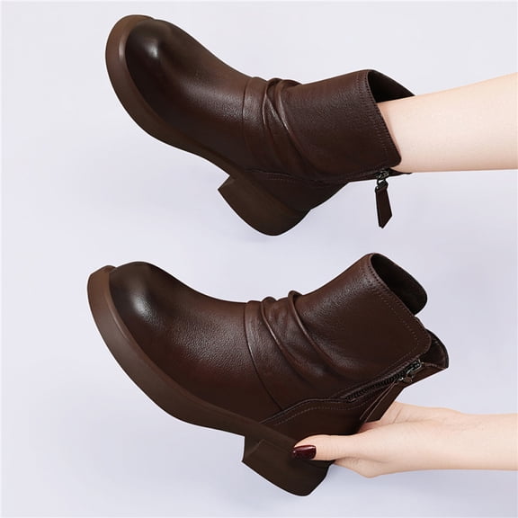 Women's Cowhide Casual Martin Boots Round Toe Thick Heel Low Cut Side Zipper Non-Slip Wear-Resistant All-Season Single Boots
