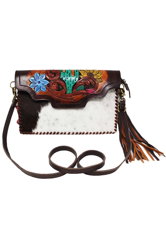 Women's Cowhide Western Cactus Tooled Leather Shoulder Purse Handbag 18RAH37