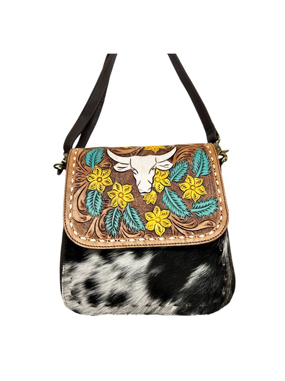 Women's Cowhide Western Floral Bull Head Tooled Leather Shoulder Purse Crossbody Bag 18RSH02