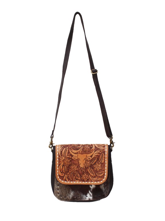 Women's Cowhide Western Floral Bull Head Tooled Leather Shoulder Purse Crossbody Bag 18RSH05 18RSH05