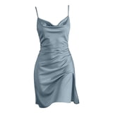 Split Jeans Sticker Women's Cowl Drape Neck Silky Satin Mini Bodycon Dress Thin Spaghetti ...