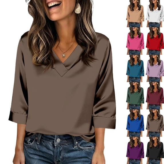 Women's Cowl Neck 3/4 Sleeve Silk Satin Blouses Dressy Formal Soft Tops Silky Lightweight Breathable Spring Shirts, #02 Camel, M