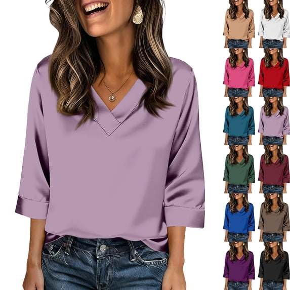Women's Cowl Neck 3/4 Sleeve Silk Satin Blouses Dressy Formal Soft Tops Silky Lightweight Breathable Spring Shirts, #02 Light Purple, XL