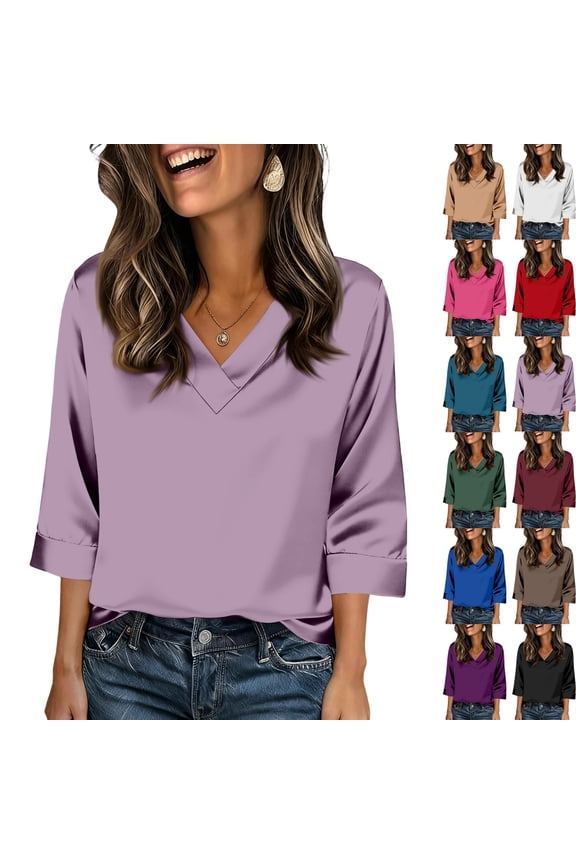Women's Cowl Neck 3/4 Sleeve Silk Satin Blouses Dressy Formal Soft Tops Silky Lightweight Breathable Spring Shirts, #02 Light Purple, XXL