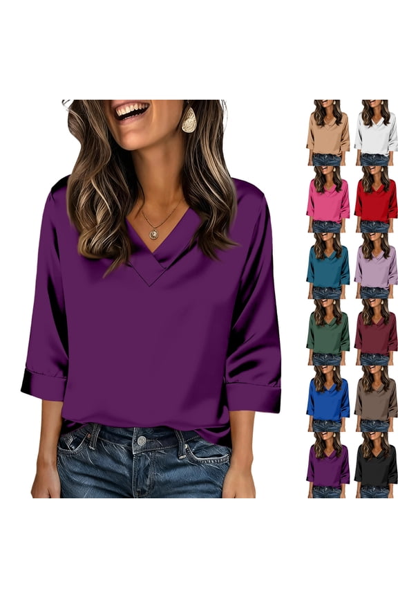 Women's Cowl Neck 3/4 Sleeve Silk Satin Blouses Dressy Formal Soft Tops Silky Lightweight Breathable Spring Shirts, #02 Purple, L