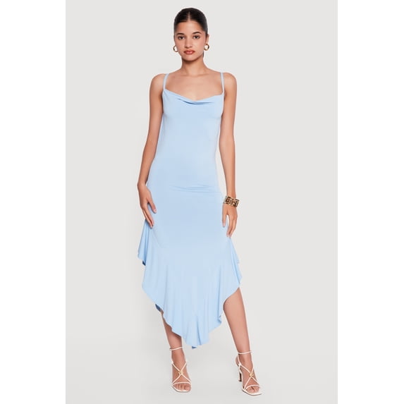 Women's Cowl Neck Asymmetrical Ruffle Hem Maxi Dress