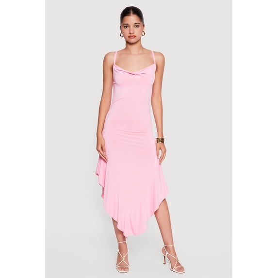 Women's Cowl Neck Asymmetrical Ruffle Hem Maxi Dress