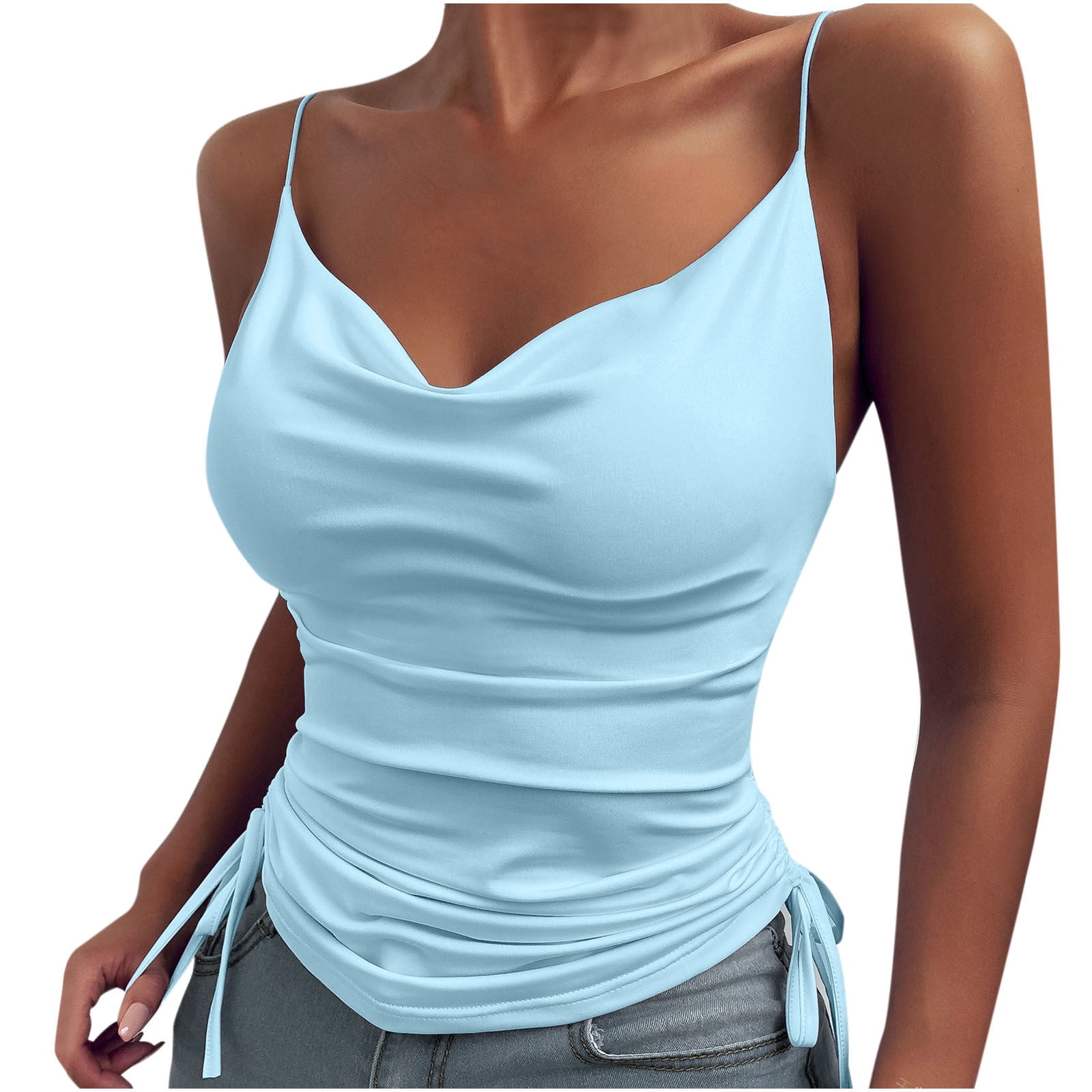 Women V Neck Tank Top Ruched Drawstring Pure Color Slim Fitted Sleeveless  Shirts Blouse(XL-Black) at  Women's Clothing store