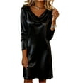 thumbnail image 1 of Women's Cowl Neck Dress Silky Ruched Midi with Long Sleeve for Holiday Party Evening Cocktail Fall Winter Drape Loose Fit Outfit Black 2XL, 1 of 3