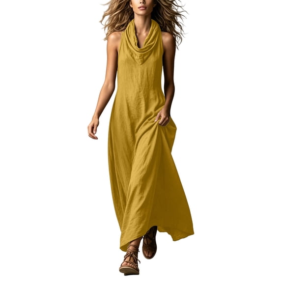 Women's Cowl Neck Dresses Sleeveless Linen Blend Maxi Dress Flowy Breathable Casual Vacation Sundress Dresses for Women Yellow S