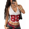 thumbnail image 1 of Women's Cowl Neck Halter Number Print Mesh Cropped Backless Tank Top White M, 1 of 10