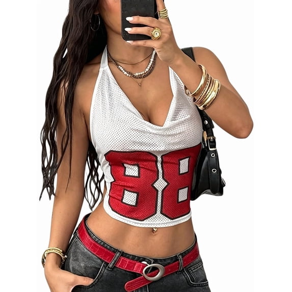 Women's Cowl Neck Halter Number Print Mesh Cropped Backless Tank Top White M