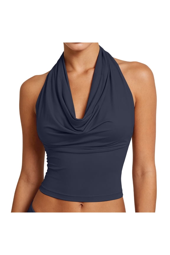 Women's Cowl Neck Halter Top Sleeveless Form Fitting Ruched Waist Solid Color Stretchy Knit Comfy Cropped Tank Elegant spring Summer Cute Blouse 2026 Fashion Crop Going Out Tops Dressy Basic Tees