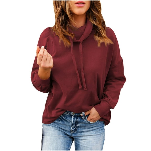 Women's Cowl Neck Hoodie, Women Solid Casual Hooded Sweatshirts Loose Fit Lightweight Fall Blouses Tops with Pockets