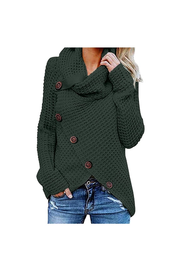 Women's Cowl Neck Long Sleeve Pullover Solid Color Sweater Knitted Casual Jumper Tops With Button Decor